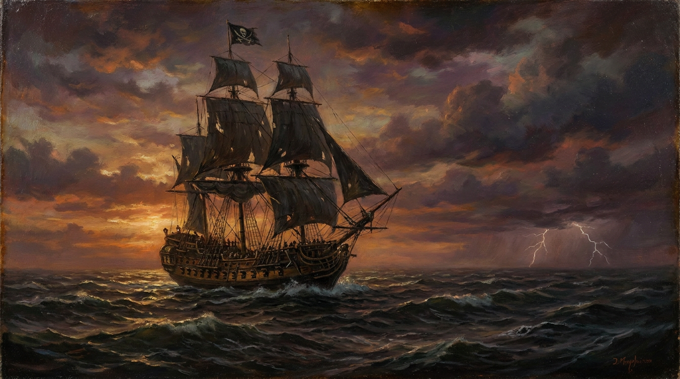 Pirate Galleon ship at sunset